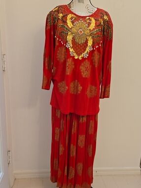 Bali Chic Embroidered Red Women's Two-Piece Maxi Skirt Set